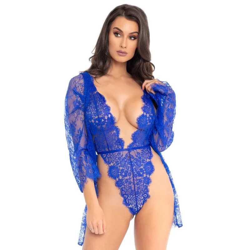 Leg Avenue - Elegant Teddy & Matchande Robset | Blå | Storlek M