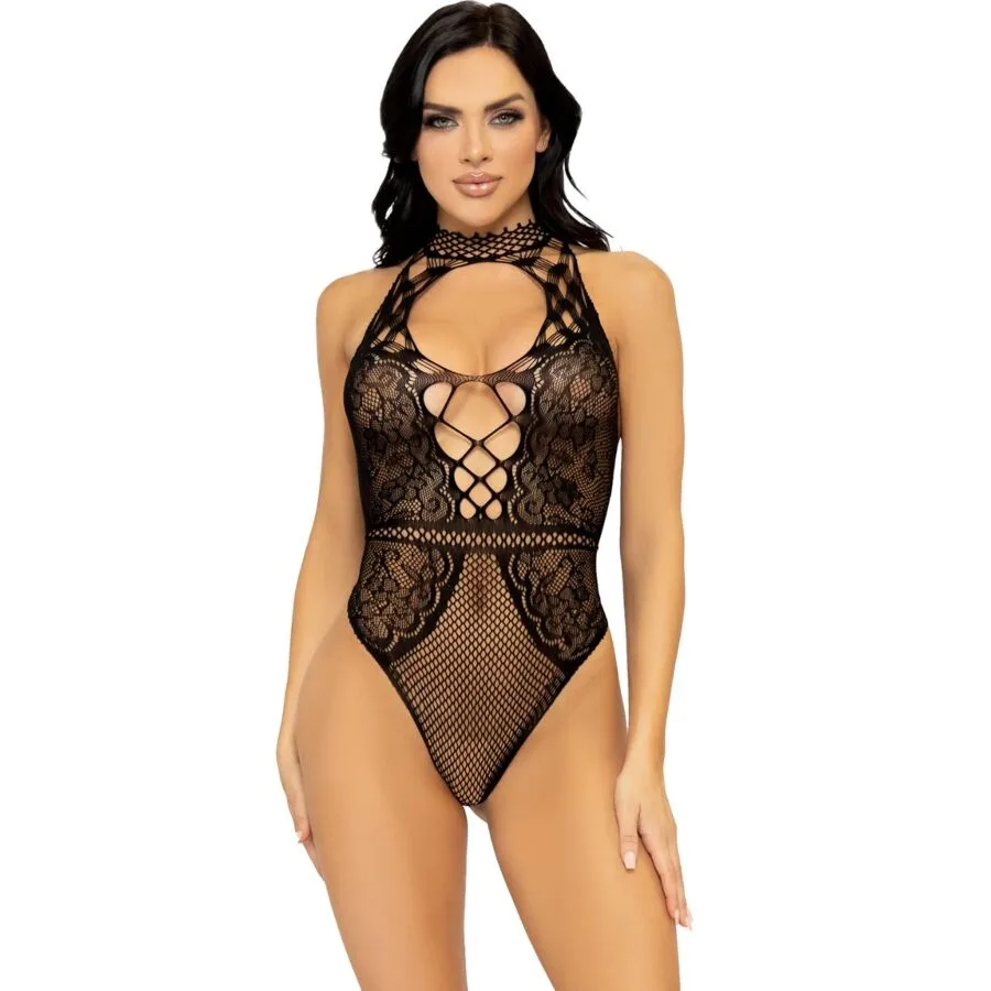 Leg Avenue - Nätstrumpa & Blommig Spets Keyhole Halter Bodysuit | One Size