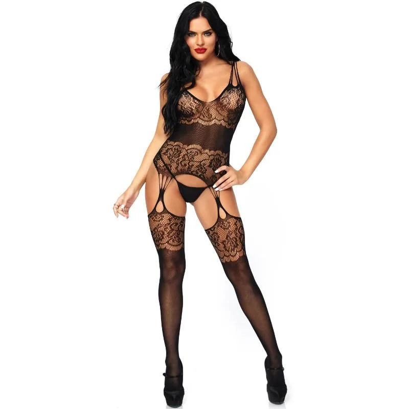 Leg Avenue Strappy Rose Lace Suspender Bodystocking – One Size
