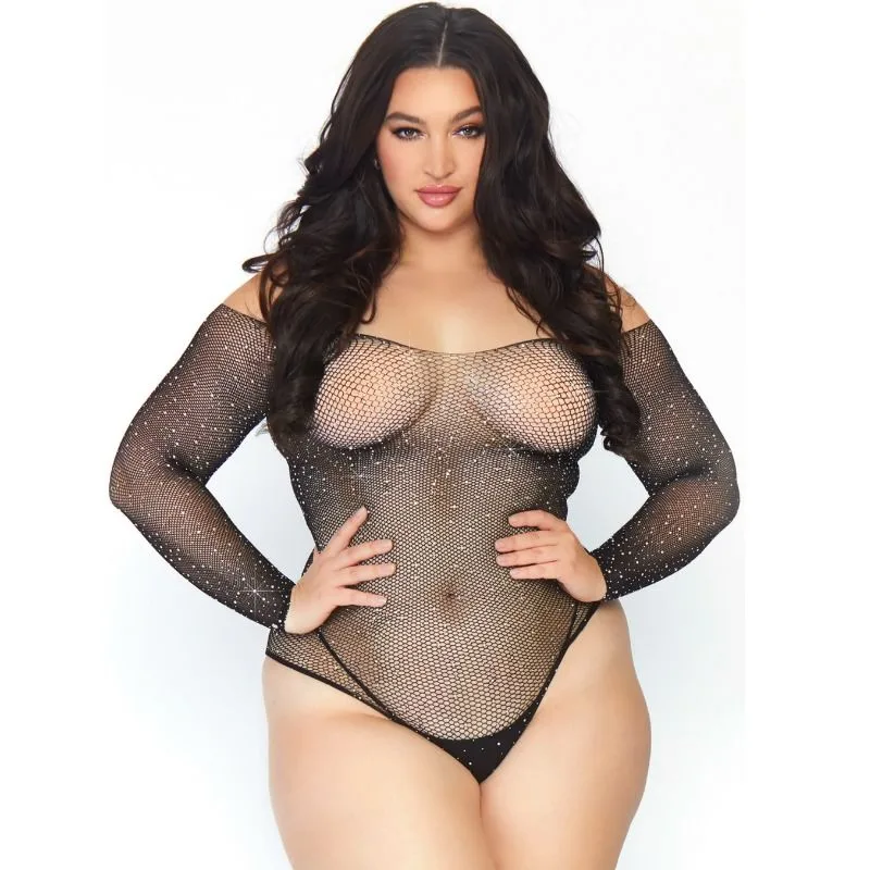 Leg Avenue - Kristallsmyckad Fisknätsbodystrumpa | Långa Ärmar | Plus Size 1X-2X | Svart