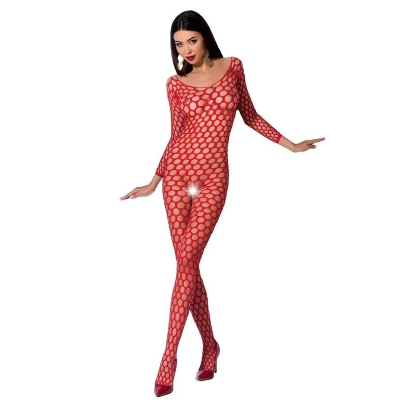 Passion BS077 Röd Spets Bodystocking med Öppen Gren – One Size