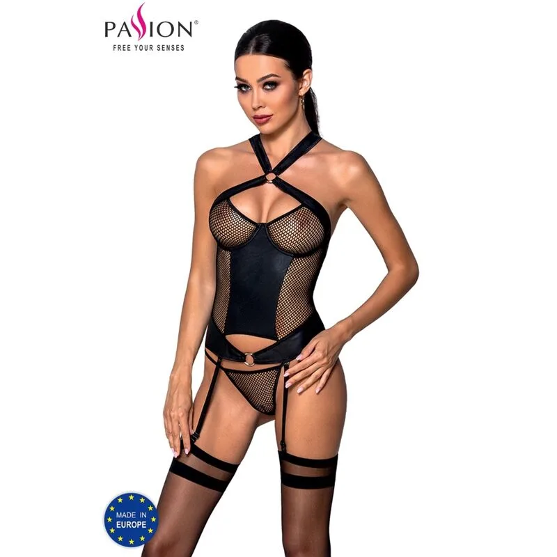 Passion - Amanda Ecological Leather Corset | Underwired Mesh & Faux Leather Lingerie | Size S/M