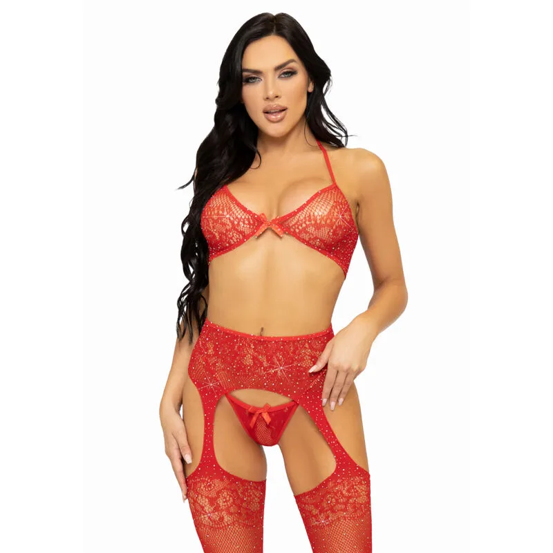 Leg Avenue - Rhinestone Lace Three-Piece Lingerie Set: Bra, G-String & Fishnet Garter Stockings, One Size - Red