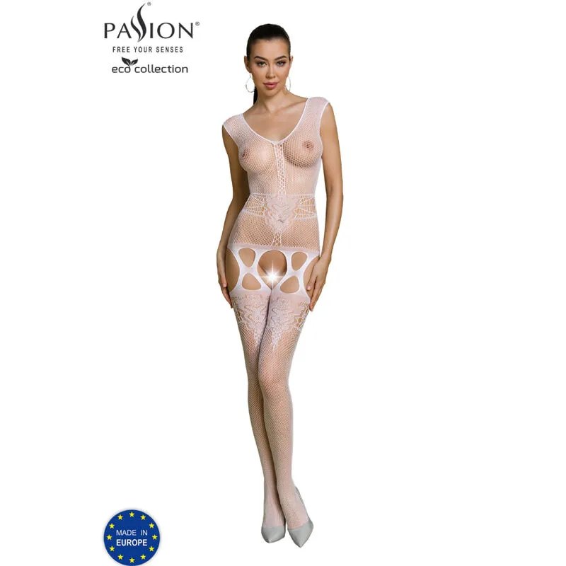 Passion Eco Collection Bodystocking BS014 – Sustainable Stretch Lace Bodysuit in White