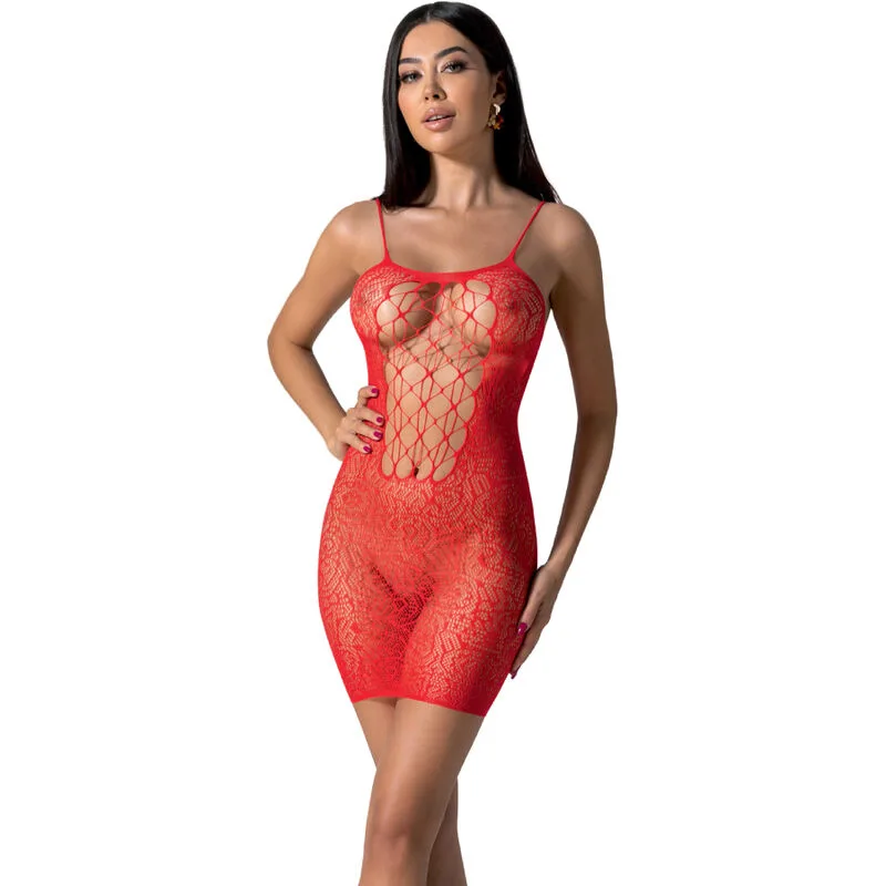 Passion BS096 Sheer Mesh Bodystocking with Lace Detail – One Size (Red)
