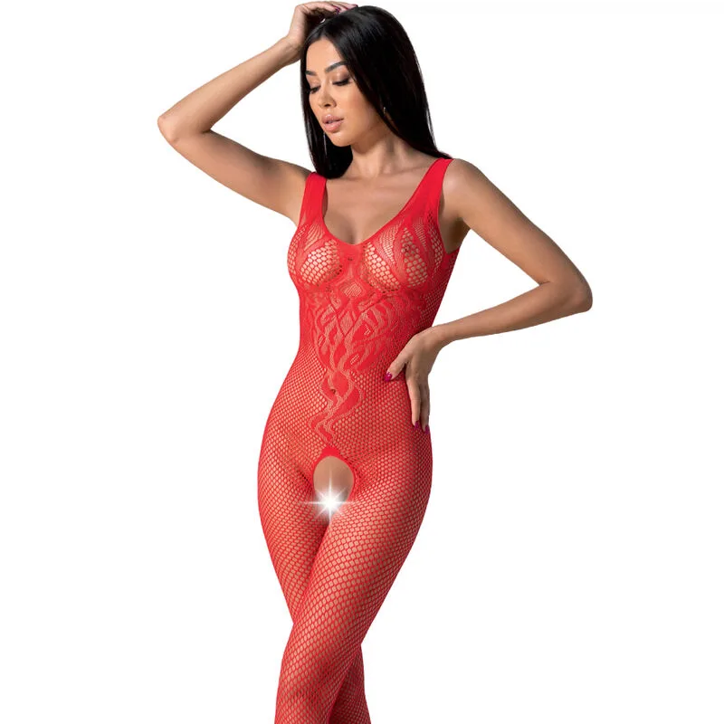 Passion BS098 Genomskinlig Mesh-Bodystocking med Spetsdetaljer – One Size (Röd)