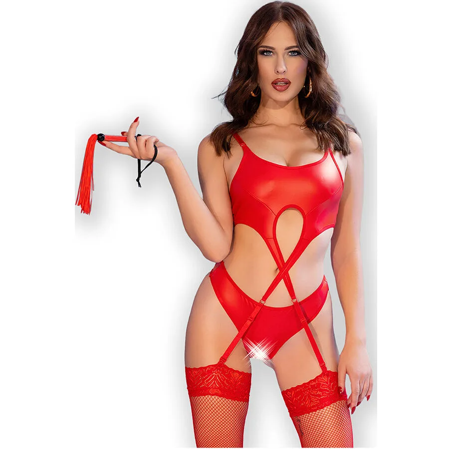 Chilirose CR 4625 Fyrdelat Crotchless Lingerieset – Rött, Storlek M