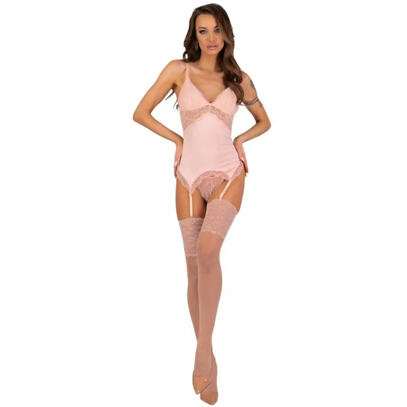 Livco Corsetti Fashion - Persinne Peach Tredelt Lingerieset: Korsett, Trosa & Strumpor