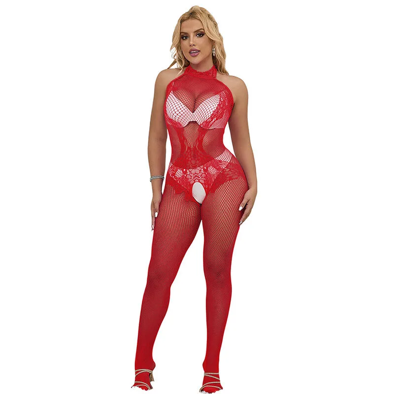 Subblime - 952372 Fisknät och Spets Crotchless Höghalsad Bodystocking i Rött – One Size