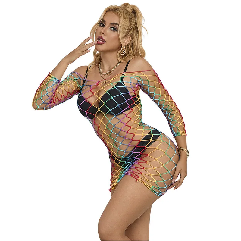 Subblime 952426 Rainbow Långärmad Fisknätklänning – One Size Lingerieplagg med Uttalad Stil