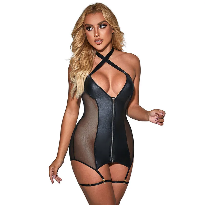 Subblime 954444 Sexy Mesh & Faux Leather Dress – Black | Size S/M