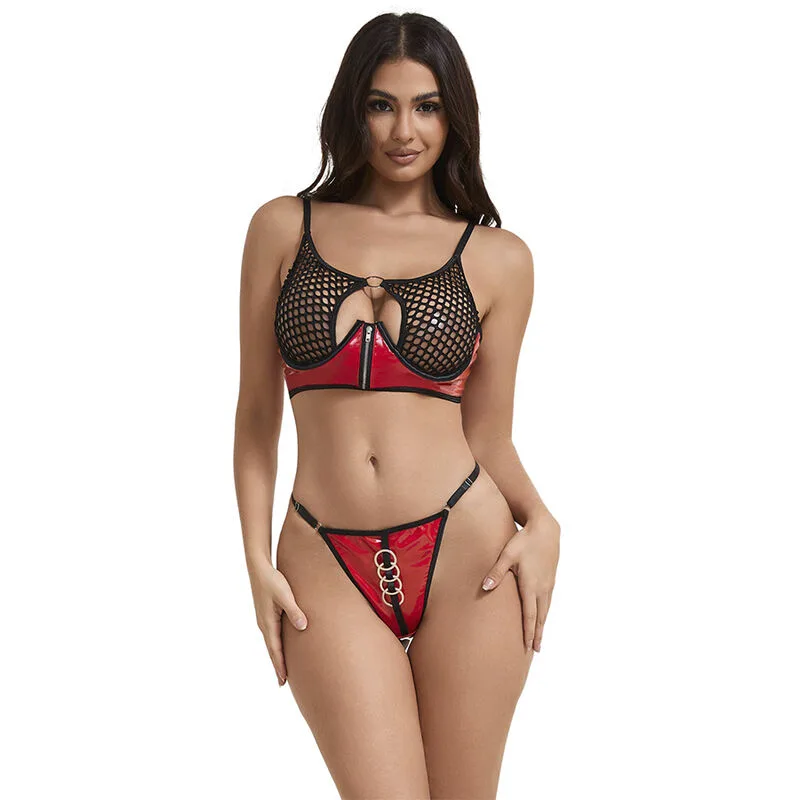 Subblime 955540 Röd Patentläder & Mesh Bh-Set med Dragkedja – Storlek L/XL