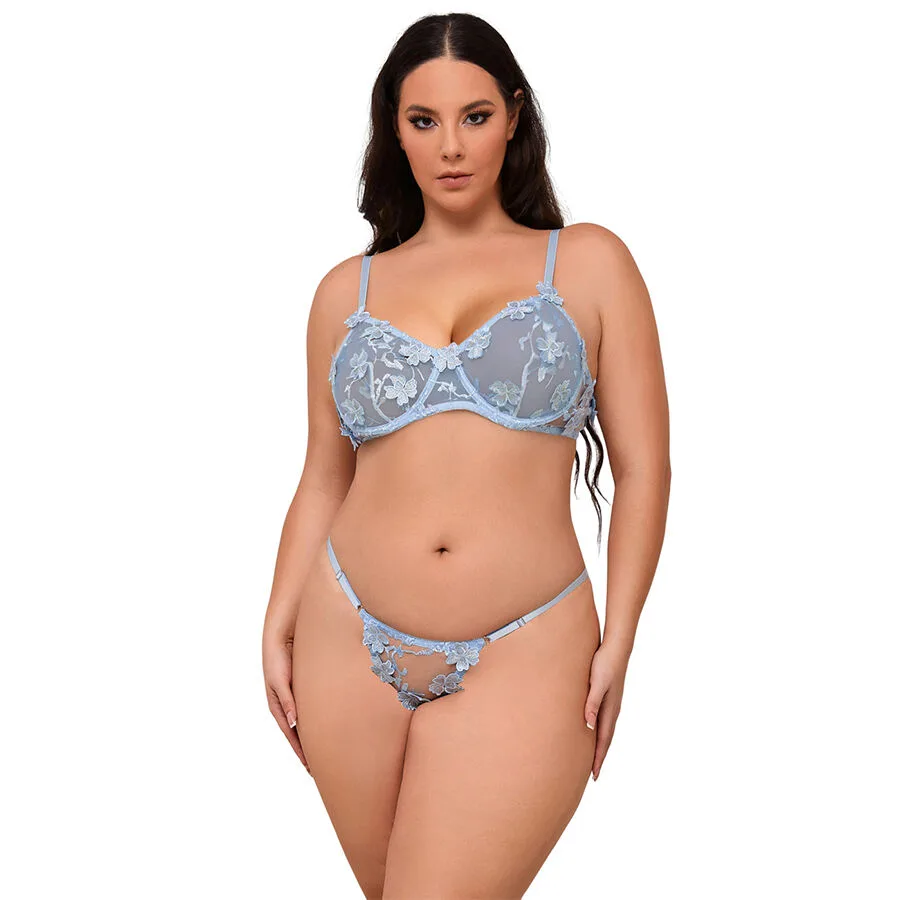 Subblime 957636 Blommigt Broderat BH- och Troset – Himmelsblå, Storlek L/XL