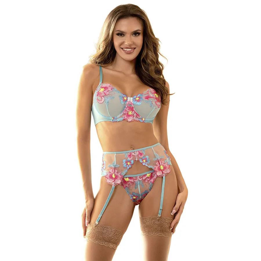 Subblime 957643 Flower Embroidered Bra and Garter Belt Set – Pink – Size S/M