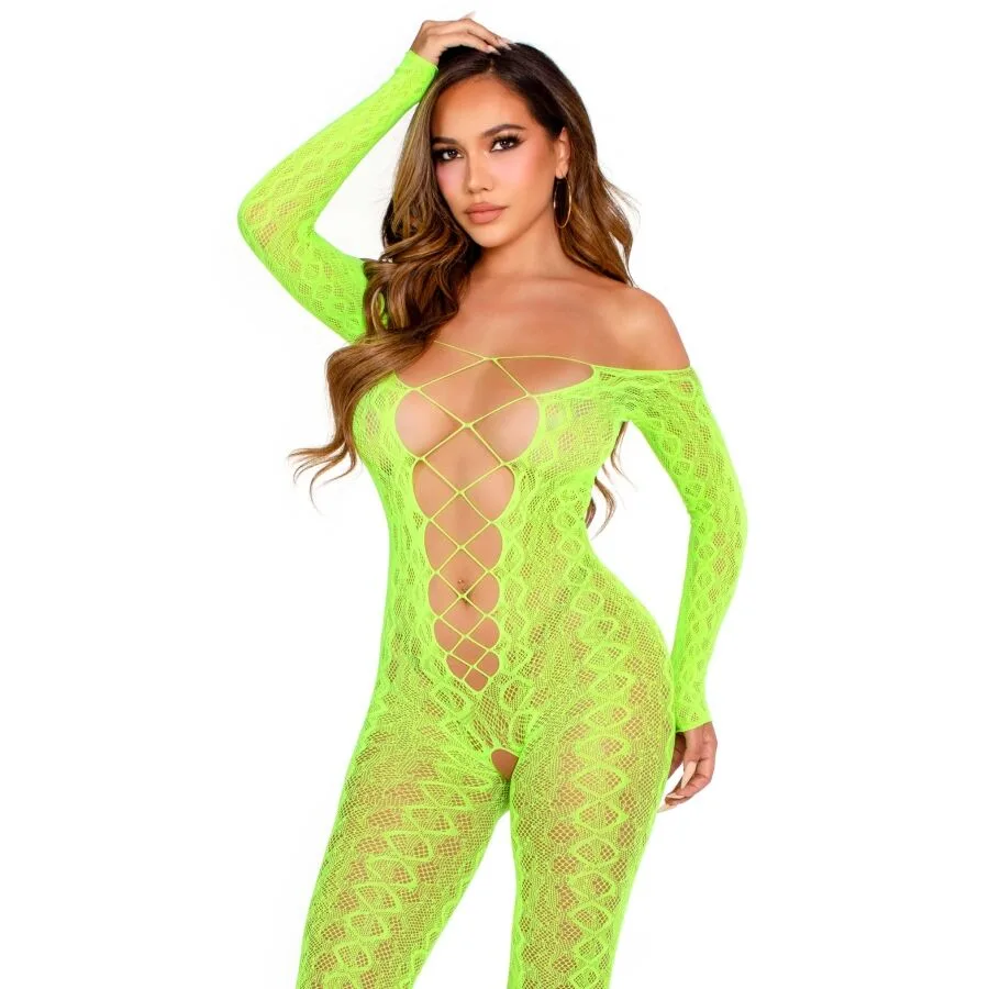 Leg Avenue - Crotchless Footless Bodystocking med Exotiskt Ormspetsmönster, Neongrön