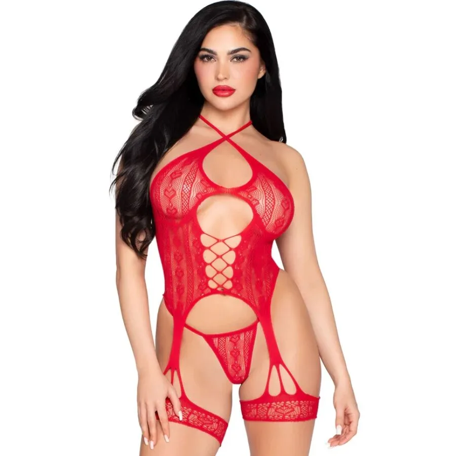 Leg Avenue 89338 Spetsig Öppen Body med Strumpebandsälta & Stringset – Röd, One Size