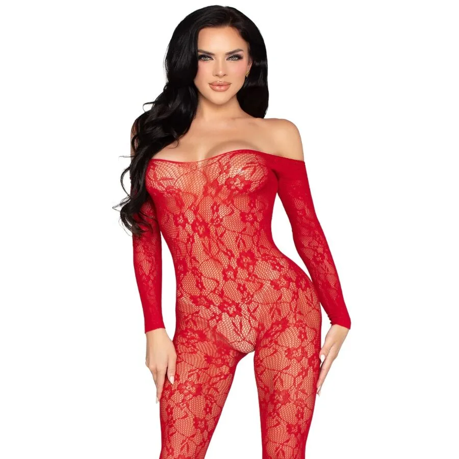 Leg Avenue 89366 Floral Lace Bodystocking i Rött – One Size