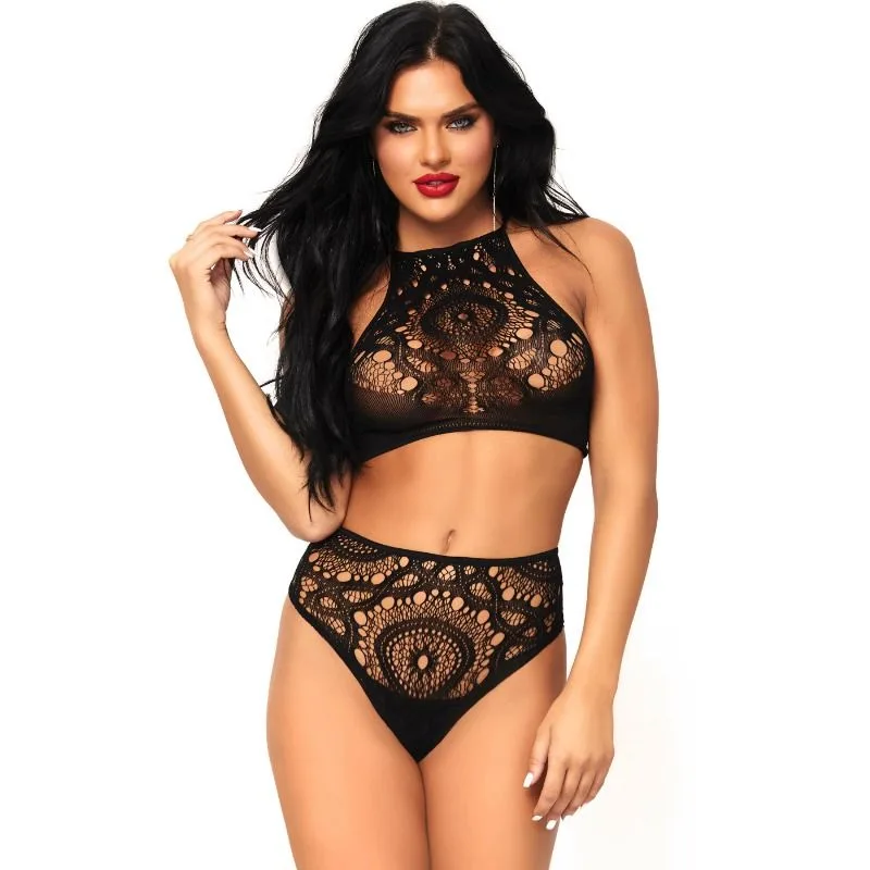 Leg Avenue – Crochet Lace Halter Crop Top & High-Waist Thong Set, Size S/M
