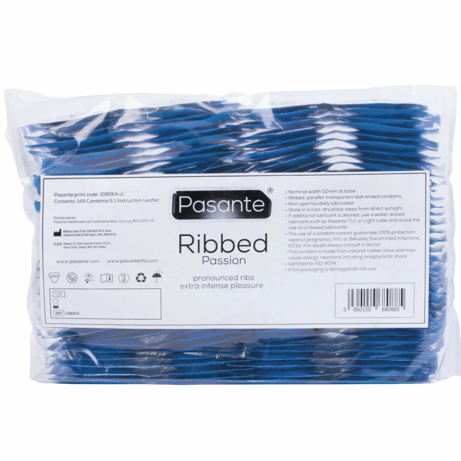 Pasante Ribbed Passion Kondomer – Storpack med 144 enheter