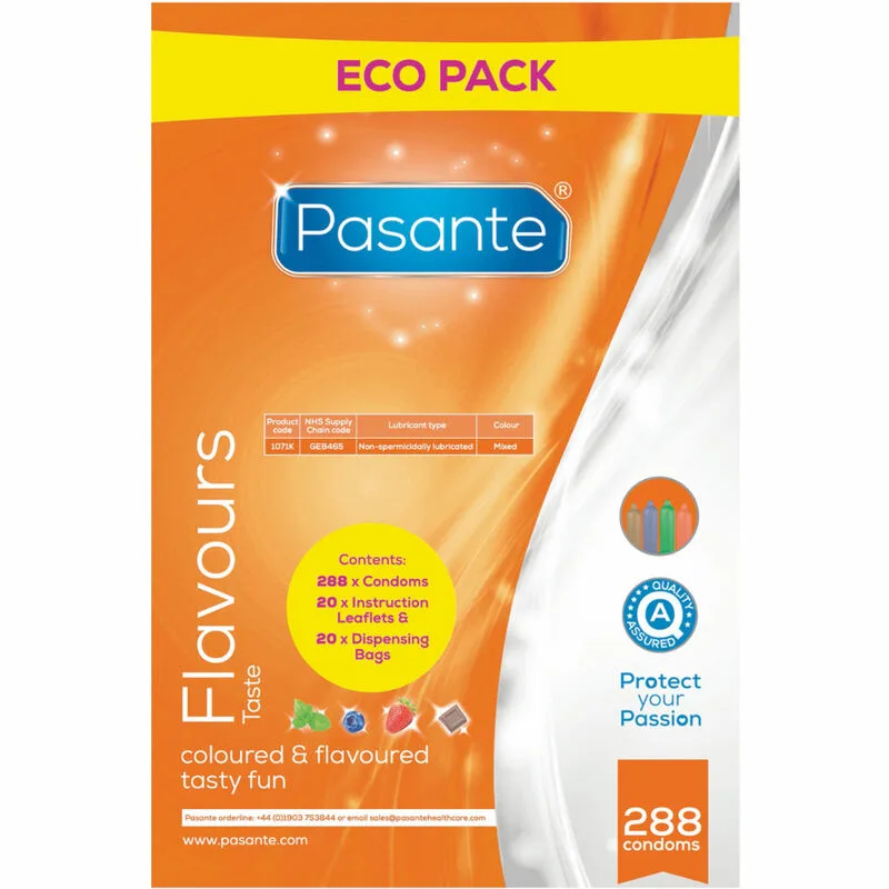 Pasante - Smaksatta Kondomer Eko Storpack | Choklad, Mint, Blåbär & Jordgubb | 288 enheter