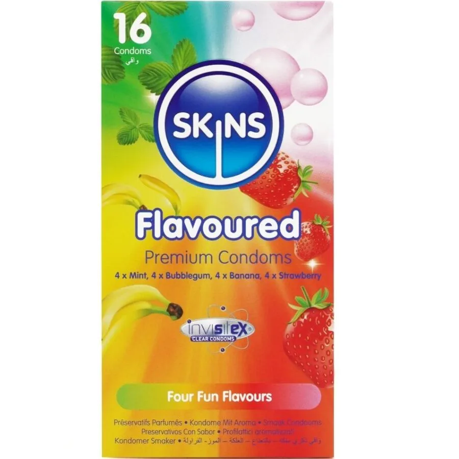 Skins Multi Flavour Premium Naturlatexkondomer – Blandade smaker 16-pack (Banan, Bubblegum, Mint & Jordgubb)