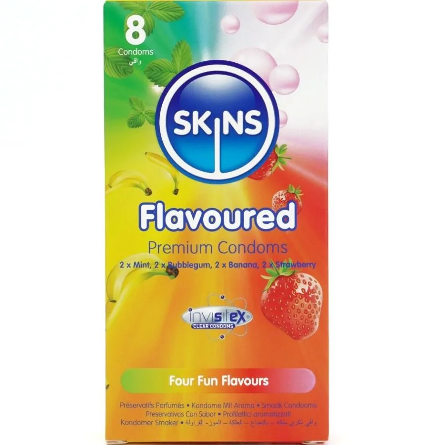 Skins Multi-Flavour Premium Latexkondomer – Blandat 8-pack (Banan, Bubblegum, Mint & Jordgubb)