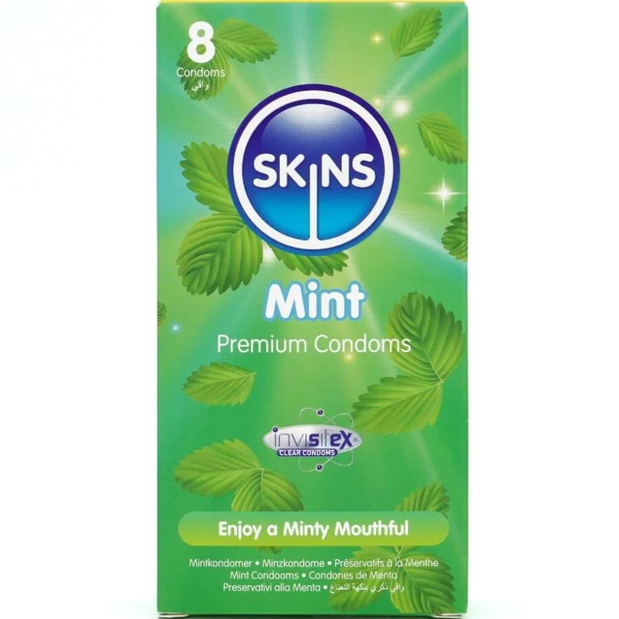 Skins Mintsmaksatta Premium Naturlatexkondomer – Förpackning med 8