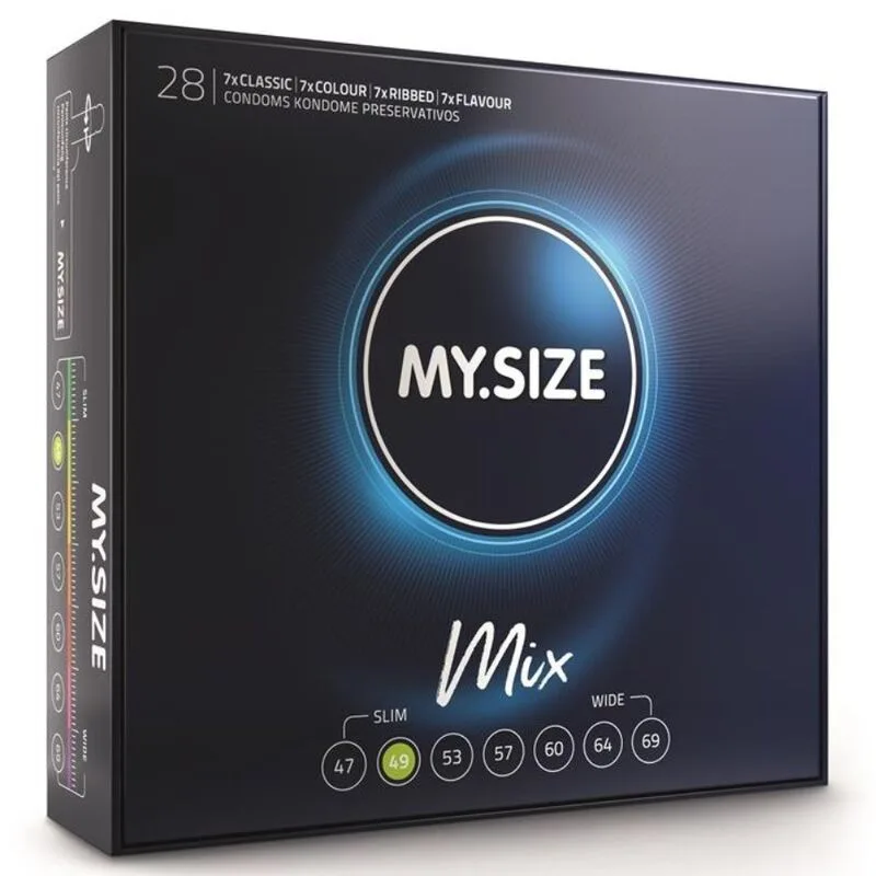 My Size - Mix Kondomer 49 mm | Varietetsförpackning med 28 st (Klassisk, Räfflad, Smaksatt & Färgad)