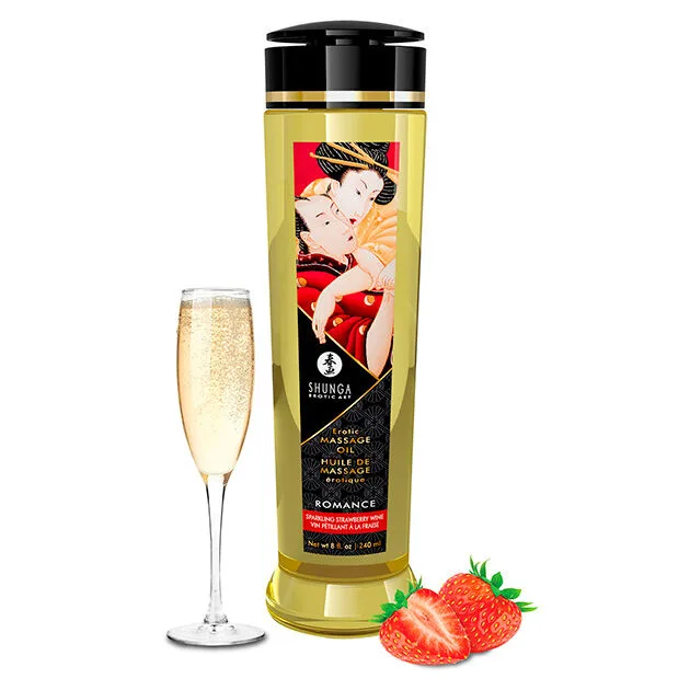 Shunga Erotic Romance Sensuell Massageolja – Jordgubb & Mousserande Vin – 240 ml