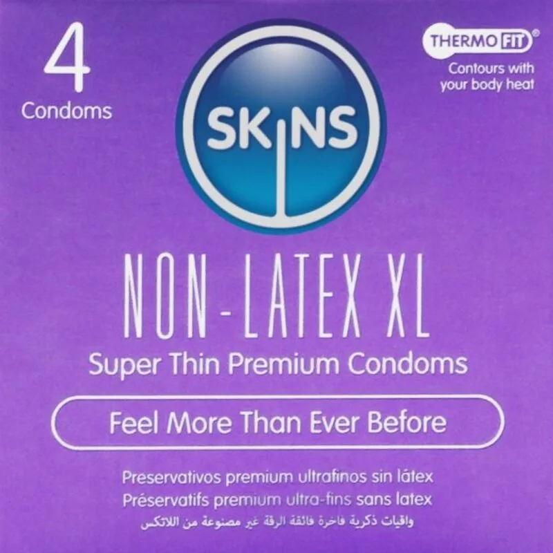 Skins Non-Latex XL Condoms – Ultra-Thin, Hypoallergenic & Vegan-Friendly – Pack of 4