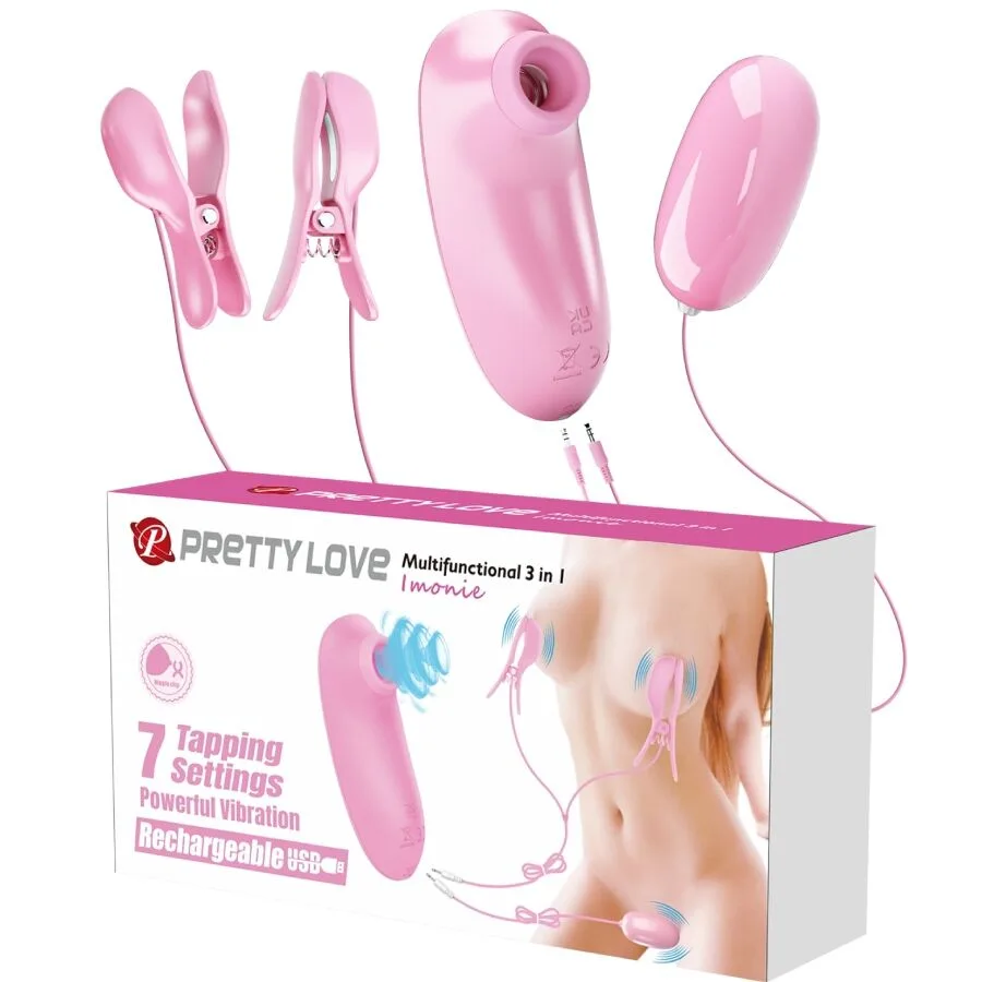 Pretty Love - Imonie 3-i-1 Multifunktionellt Stimuleringsset med Sugkopp, Bröstvårtsklämmor och Klitorisvibrator