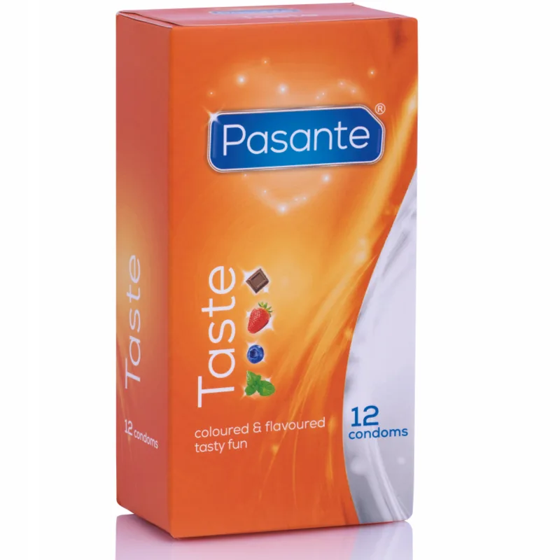 Pasante Taste Smaksatta Kondomer – Blandade Smaker, Förpackning med 12