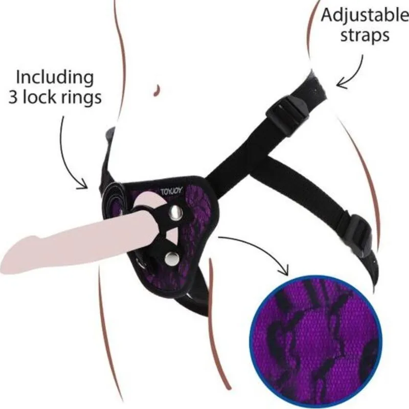 Get Real Strap-On Lace Harness Set with Multi-Size Silicone Rings – Purple