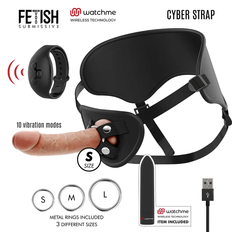 Fetish Submissive Cyber Strap – Fjärrstyrd Stimuleringsselar med Dildo och Vibrerande Bullet, WatchMe Technology
