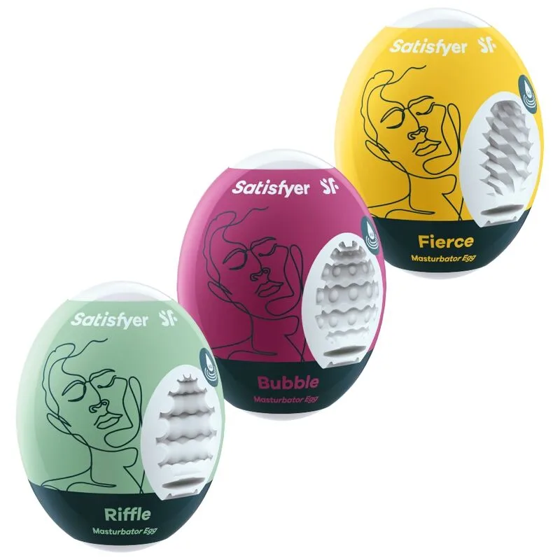 Satisfyer EGGCITED Series – 3-delat Masturbatorägg-set: Riffle, Bubble & Fierce