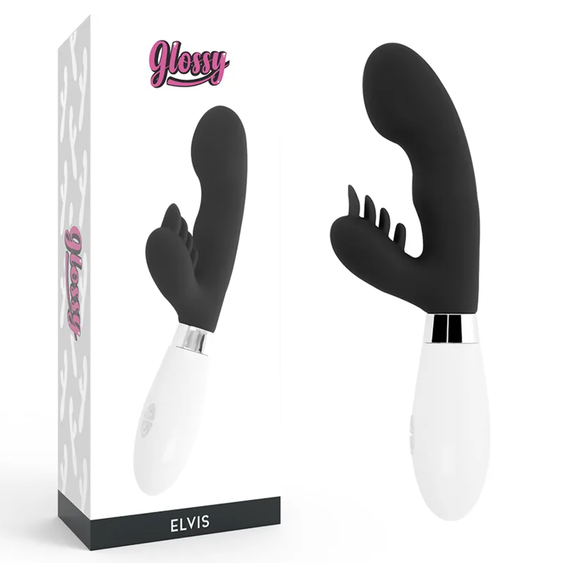 Glossy Elvis Rabbit Vibrator – Svart | Dubbelmotors Silikonmassager med 10 Vibrationsmodi