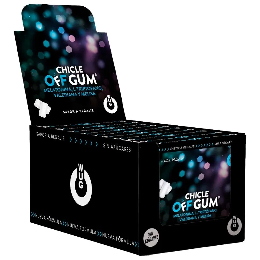 Wug Gum – Relaxation & Sleep Support Chewing Gum with Valerian, Tryptophan, Lemon Balm & Melatonin | Display Box: 12 Packs × 8 Units