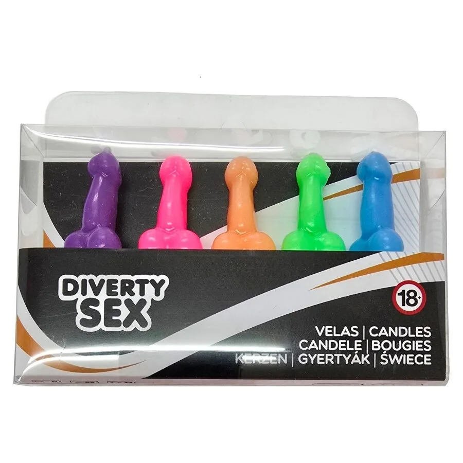 Diablo Picante - Box med 5 penisformade novelty-ljus i blandade färger