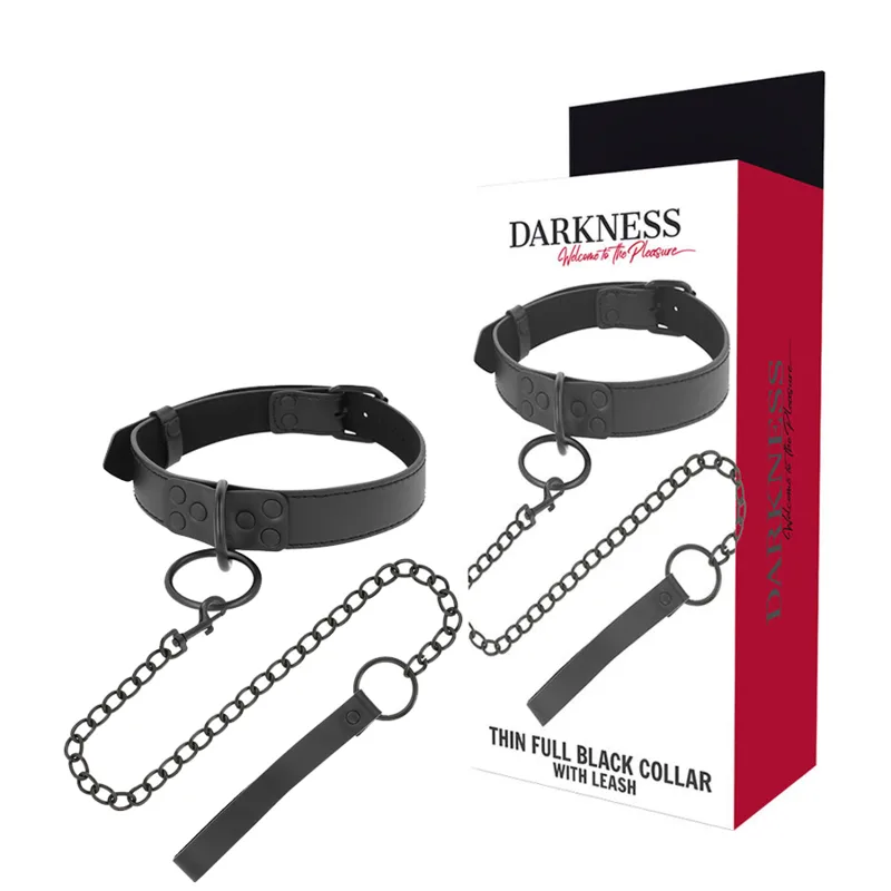Darkness – Svart Halsband i Neopren & Konstläder med Kedjekoppel