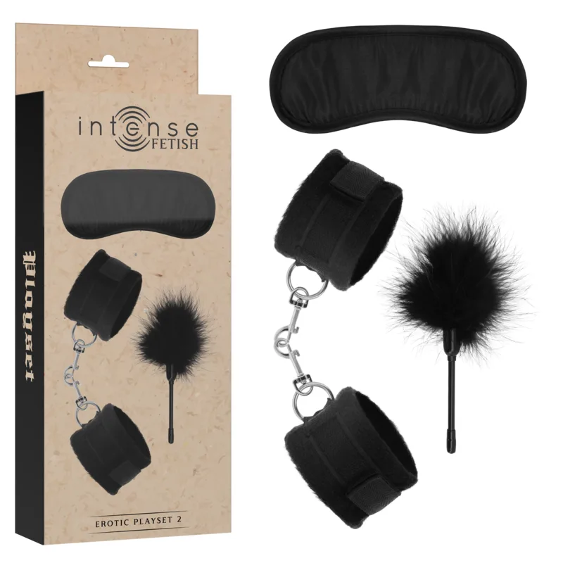 Intense Fetish Erotic Playset 2 – Handfängsel, Ögonbindel & Tickler-set i Veganskt Läder