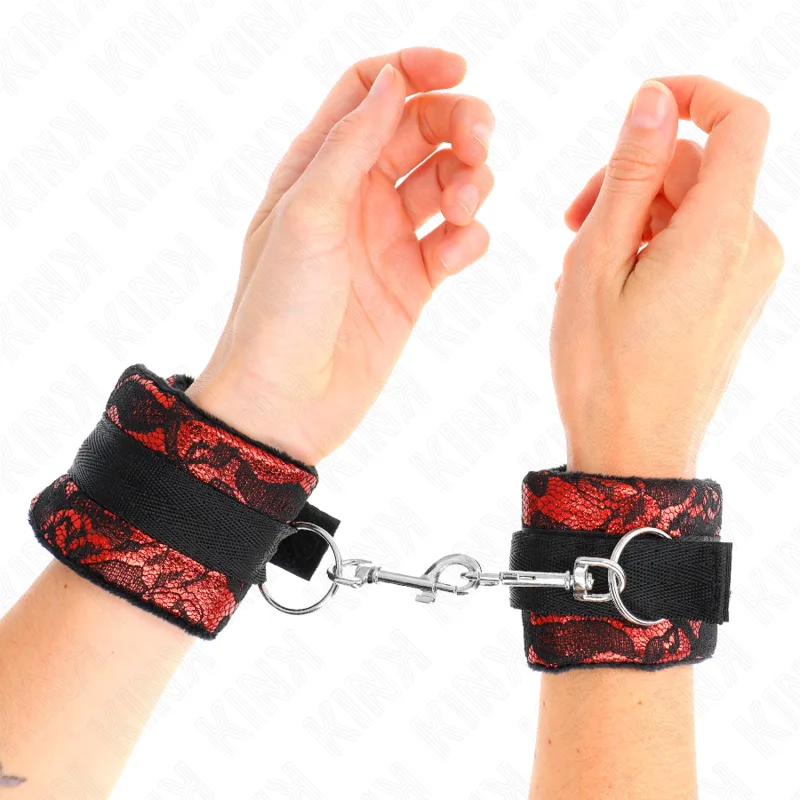 Kink Short Velvet Wrist Restraints with Nylon Binding - Red & Black, 23 x 6.5 cm