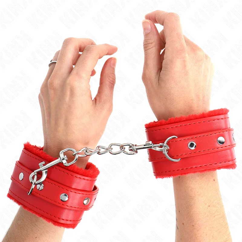 Kink Premium pälsfodrade handledsrestriktioner – Röda med justerbart rött bälte (17–29 cm × 6 cm)