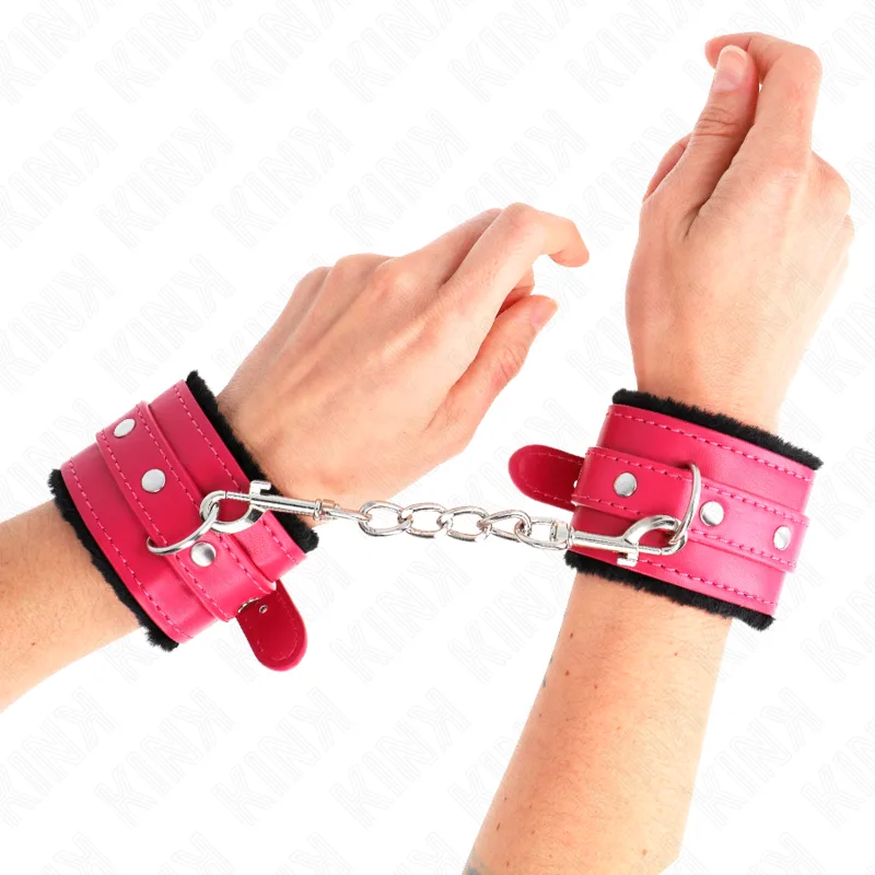 Kink Premium Pälsfodrade Handledsbindningar – Svart med Hallonrosa Bälte, Justerbar 17–29 cm x 6 cm