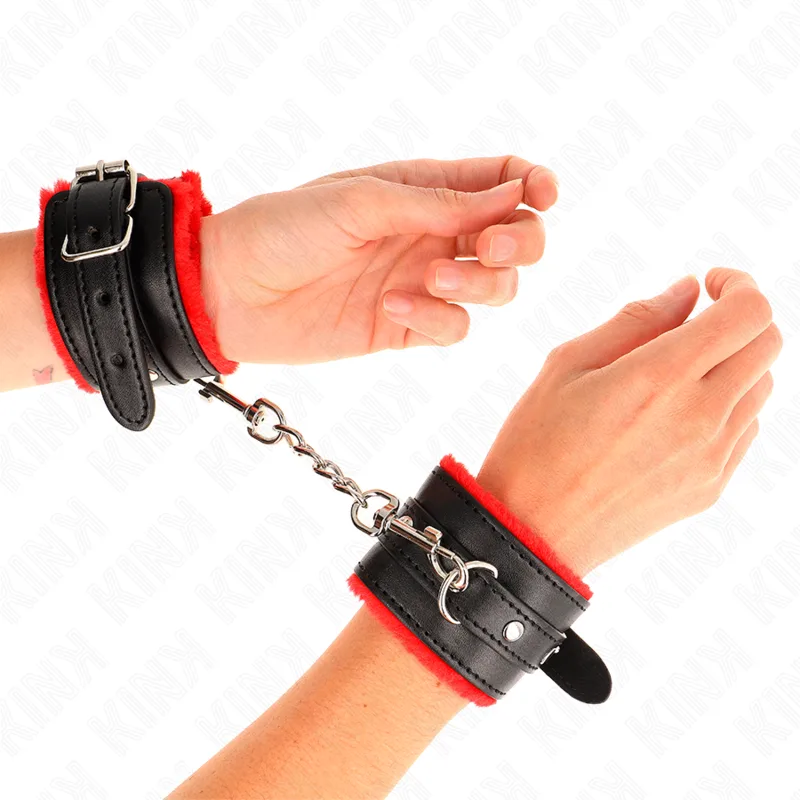 Kink Premium pälsfodrade handledsbojor – Röd med svart bälte, justerbar 17–29 cm x 6 cm