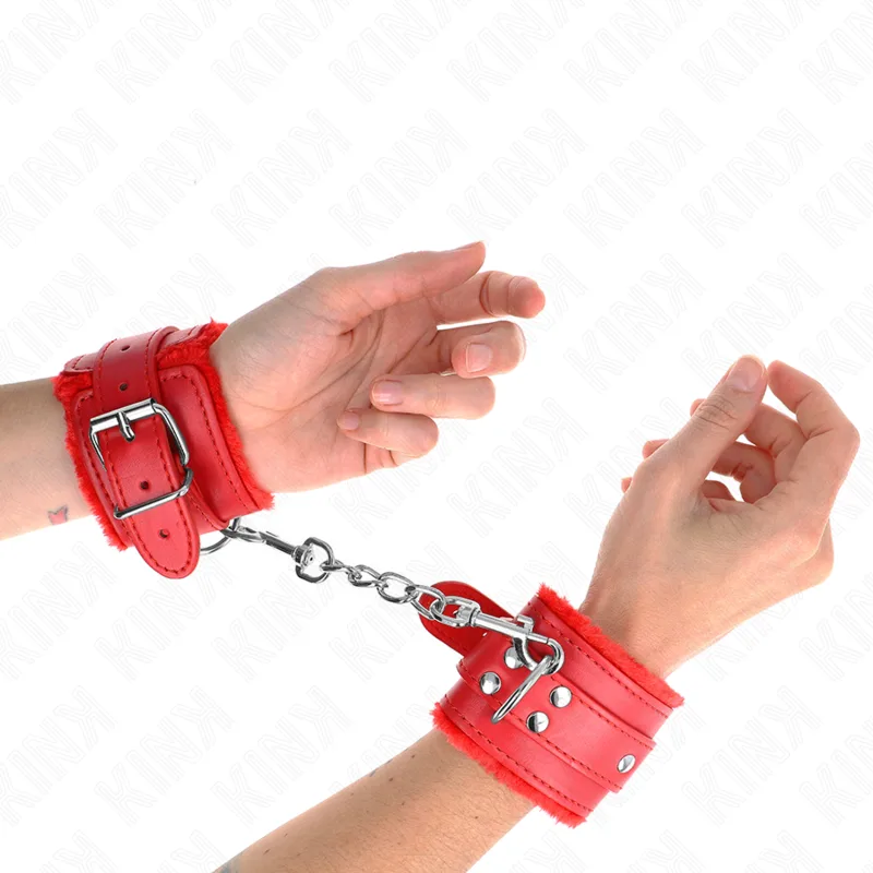 Kink Pälsfodrade Handledsrestriktioner – Röda med Röd Justerbar Rem, 17–29 cm x 6 cm