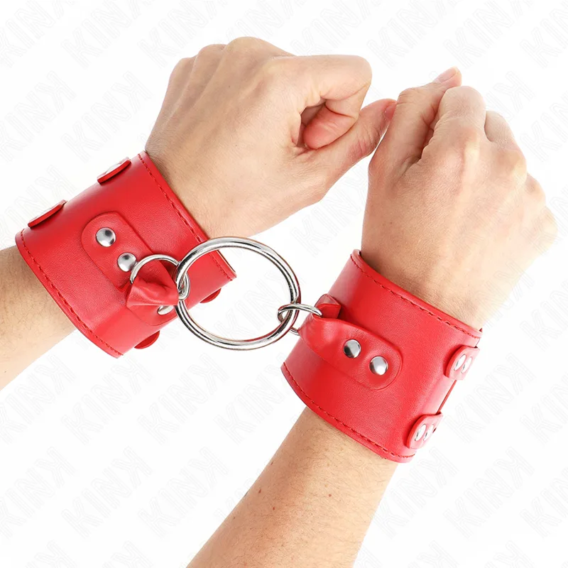 Kink Fixed Wrist Restraints with D-Ring and Studded Detail – Adjustable Red Cuffs (17–22 cm x 6.5 cm)