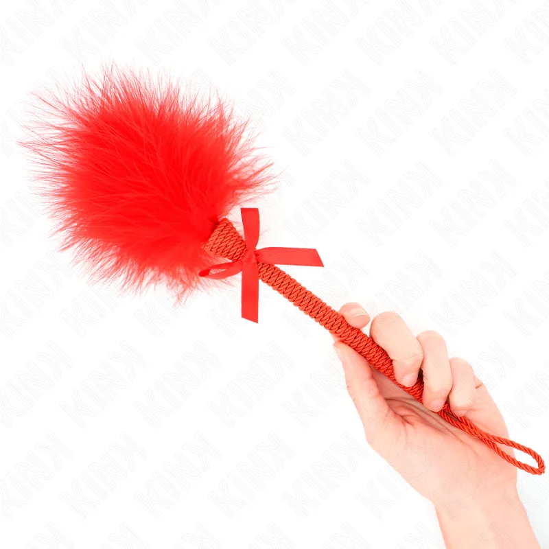 Kink Nylon Rope Wand med Killingfjädrar och Röd Rosett – 25 cm Sensorisk Retningsleksak