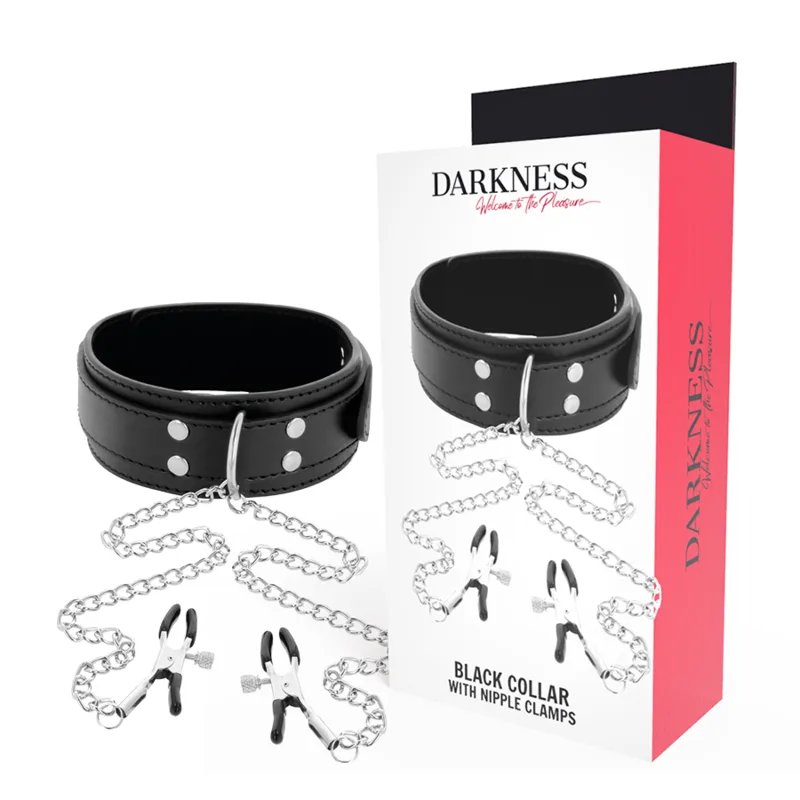 Darkness Justerbart Halsband med Bröstvårtsklämmer – Svart Bondageset