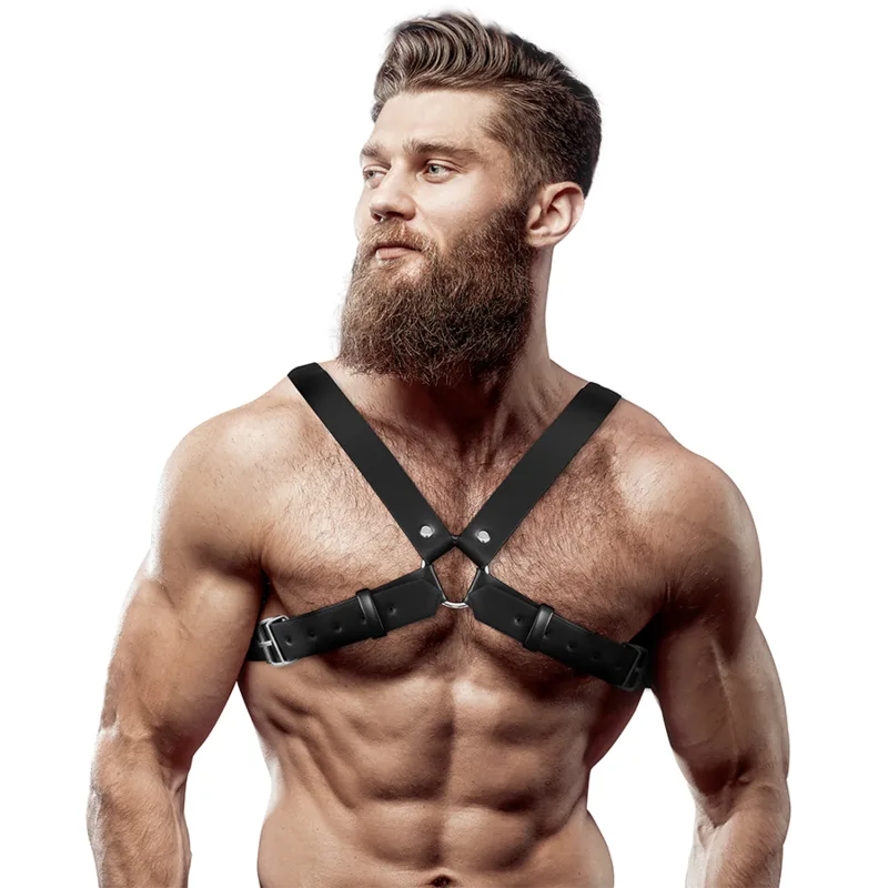 Fetish Submissive Attitude - Justerbar Ekologiskt Lädersele för Män med Kors-Bröstdesign (Bulldog Harness)