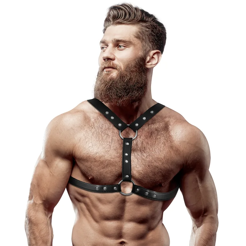 Fetish Submissive Attitude - Bröstselar i Ekoläder med Dubbelt Stöd och Nitar för Män